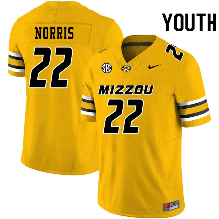 Youth #22 Will Norris Missouri Tigers College Football Jerseys Stitched-Gold